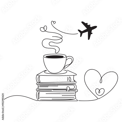 Whimsical illustration of coffee cup on books with airplane and heart love symbols