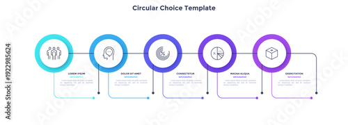 Infographic elements of circular choice template with 5 options, steps or processes. Program steps placed in horizontal row. Modern flat vector illustration for visual presentation