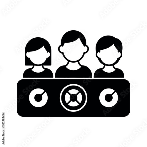 Three stylized figures stand behind a sound mixing board or control panel indicating teamwork or broadcast.