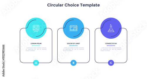 Infographic elements of circular choice template with 3 options, steps or processes. Program steps placed in horizontal row. Modern flat vector illustration for visual presentation
