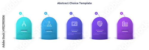 Five vertical colorful stripes or ribbons with linear icons and place for text inside. Concept of comparison of 5 business options. Infographic design template. Vector illustration for presentation.