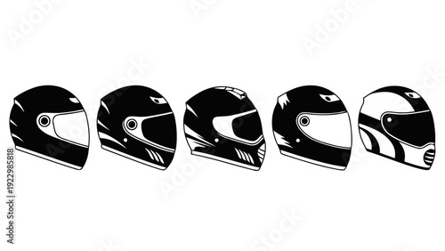 Vector illustration of set of five racing and motorcycle helmets in black and white outline style on a transparent background