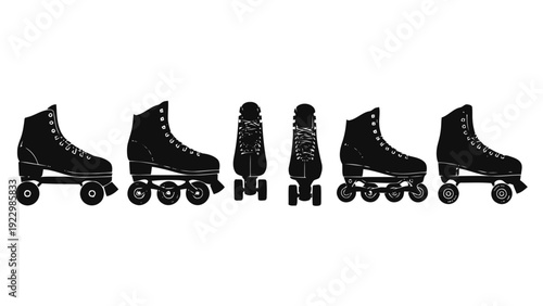 Vector illustration of set of roller skate silhouettes in different views on a transparent background
