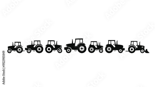 Vector illustration of collection of black silhouette icons of different types of tractors in a row on a transparent background