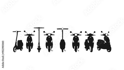 Vector illustration of collection of electric scooter and moped silhouettes for urban mobility concept on a transparent background