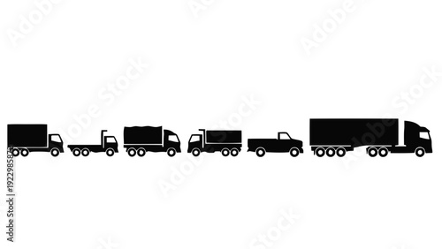 Vector illustration of set of black silhouette icons of various types of trucks and lorries on a transparent background