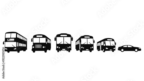 Vector illustration of set of silhouettes of different types of buses and a car on a transparent background
