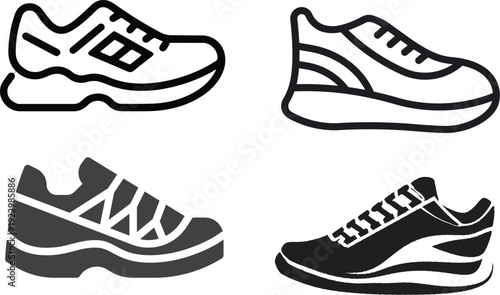 Sneakers icon. Running shoes icon Flat Vector Silhouette Shoes or Sneakers Icon Set Isolated. Footwear Icons Black and white sneakers minimalist style icon set. Vector Black and white line art vector