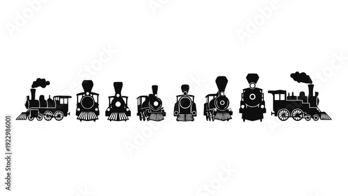 Vector illustration of collection of steam locomotive silhouettes in various front and side views on a transparent background