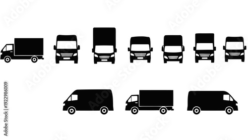 Vector illustration of set of black silhouettes of delivery trucks and vans from different angles on a transparent background