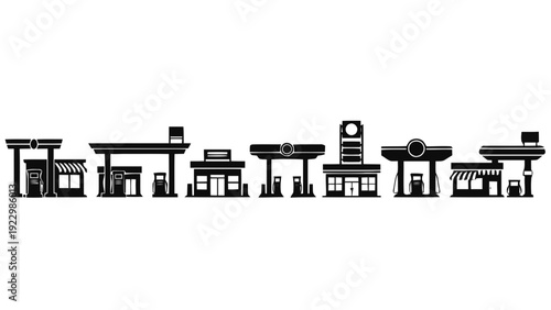 Vector illustration of set of gas station silhouettes and icons for fueling and energy concepts on a transparent background