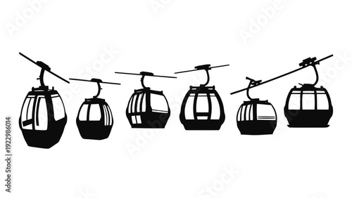Vector illustration of set of six cable car gondolas in silhouette on a transparent background
