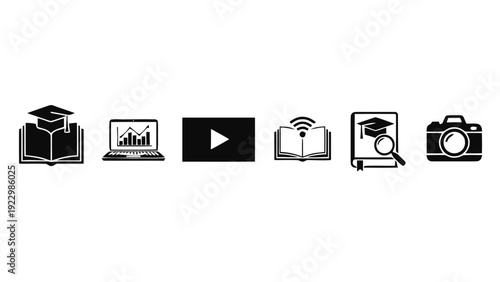 Vector illustration of set of education and learning icons book, laptop, video, online course, research, and camera on a transparent background