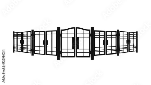 Vector illustration of wrought iron gate and fence section silhouette on a transparent background