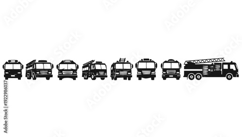 Vector illustration of collection of various black silhouette transportation vehicles front view on a transparent background
