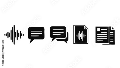 Vector illustration of set of audio recording, speech recognition, voice message, and document icons on a transparent background