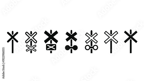 Vector illustration of set of railroad crossing warning signs icons in black silhouette style on a transparent background