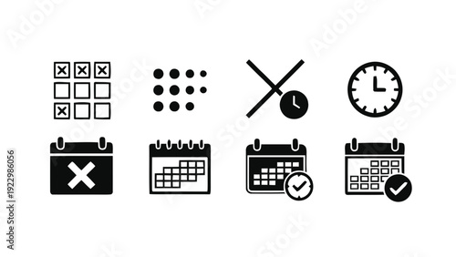 Vector illustration of set of calendar and time icons schedule, deadline, appointment, event management symbols on a transparent background