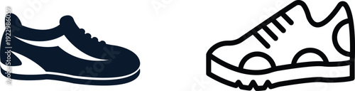 Sneakers icon. Running shoes icon Flat Vector Silhouette Shoes or Sneakers Icon Set Isolated. Footwear Icons Black and white sneakers minimalist style icon set. Vector Black and white line art vector