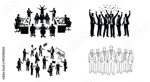 Silhouettes of people celebrating success and working in a team