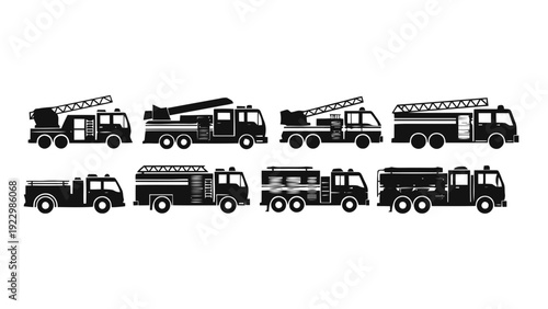 Vector illustration of set of fire truck icons and silhouettes vector collection on a transparent background