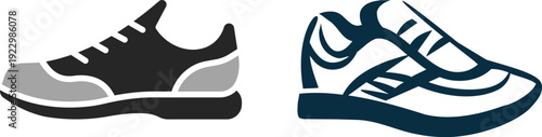 Sneakers icon. Running shoes icon Flat Vector Silhouette Shoes or Sneakers Icon Set Isolated. Footwear Icons Black and white sneakers minimalist style icon set. Vector Black and white line art vector