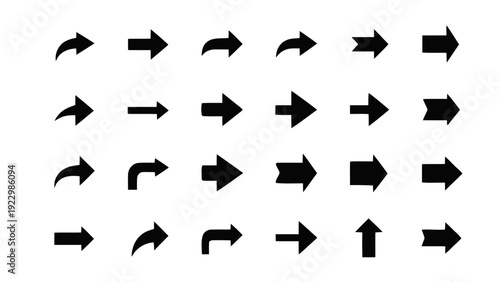 Vector illustration of set of black arrows icons, different shapes and directions, on a transparent background