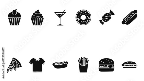 Vector illustration of set of fast food and dessert icons cupcake, martini, donut, candy, hotdog, pizza, tshirt, burger, fries on a transparent background