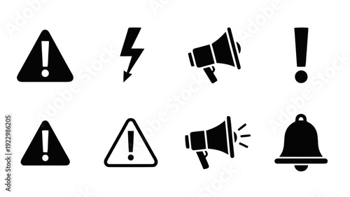 Vector illustration of set of black warning, alert, danger, notification, and announcement icons on a transparent background