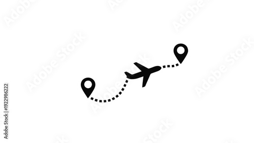 Vector illustration of airplane travel route with location pins, flight path, journey concept icon on a transparent background