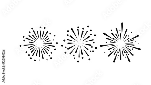 Vector illustration of set of three stylized black fireworks bursts or starburst icons on a transparent background