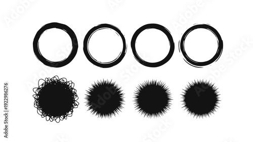 Vector illustration of set of four black grunge circles and four spiky brush stroke shapes on a transparent background