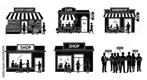 Black and white storefront icons depicting various small businesses