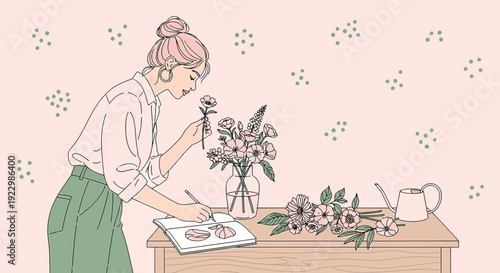 Woman Arranging Flowers, Sketching Botanical Designs, Floral Artistry