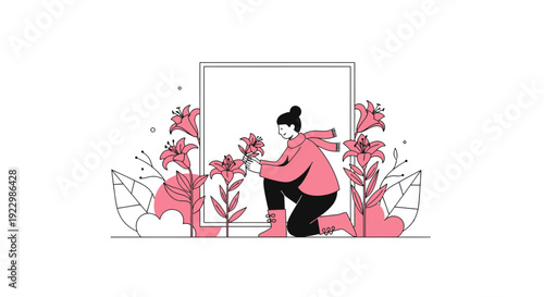 Woman Arranging Lilies in Geometric Frame, Spring Floral Illustration