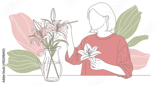 Woman Arranging Lilies in Vase, Artistic Floral Illustration
