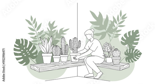 Woman Arranging Potted Cacti and Houseplants on Shelf, Lush Greenery Background