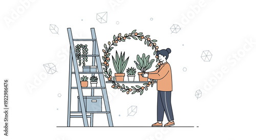 Woman Arranging Potted Plants on Shelf with Ladder and Floral Wreath