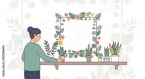 Woman Arranging Potted Plants with Floral Frame on Shelf
