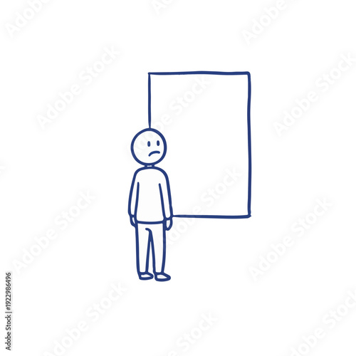 Minimalist sketch of person staring at empty wall representing creative block or office burnout concept