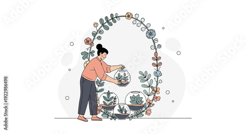 Woman Arranging Terrariums Inside Floral Archway