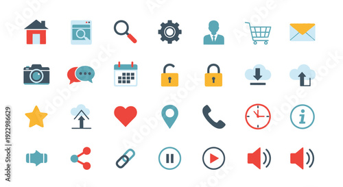 Collection of colorful flat design icons representing various digital functions