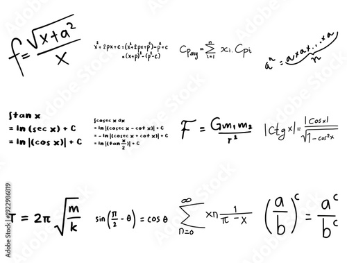 Handwritten mathematical formulas and physics equations set, black ink doodle on white background.