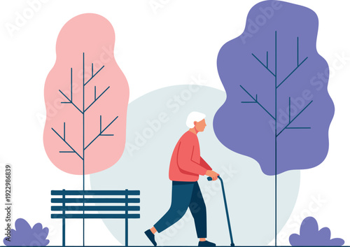 Elderly person walking with cane in park with trees and bench
