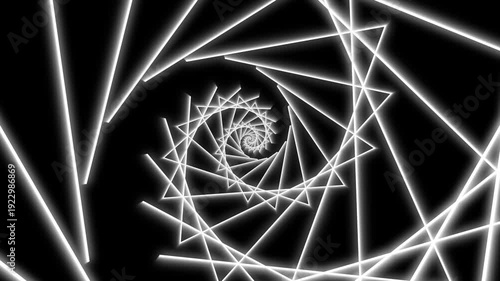 Abstract white neon spiral tunnel background, rotating geometric star line animation