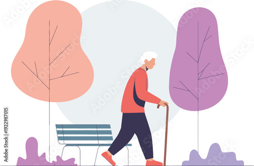 Elderly person walking with cane in park with trees and bench
