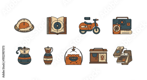 Collection of retro illustrated icons depicting vintage objects and technology