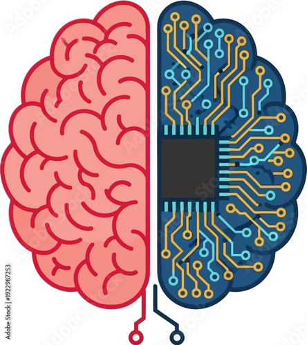 AI and Human Brain Comparison - A Digital and Organic Fusion Illustration