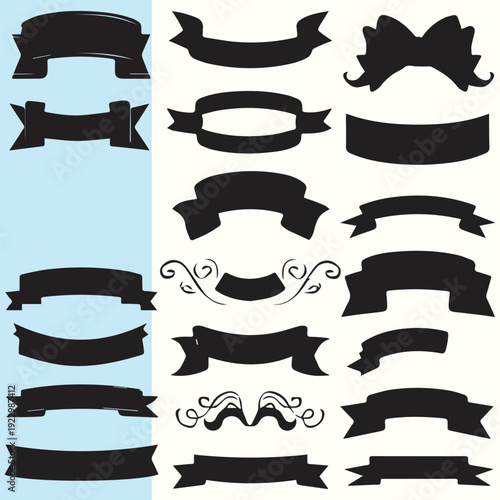 A collection of various decorative ribbon and banner designs in black and blue Vector, illustration