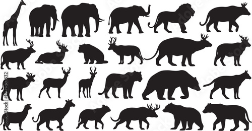 Silhouette wildlife animals set isolated on transparent background, Vector, illustration